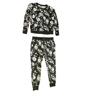 Honeydew Floral Print Lounge Set Comfy Jogger Sweatshirt Black White L